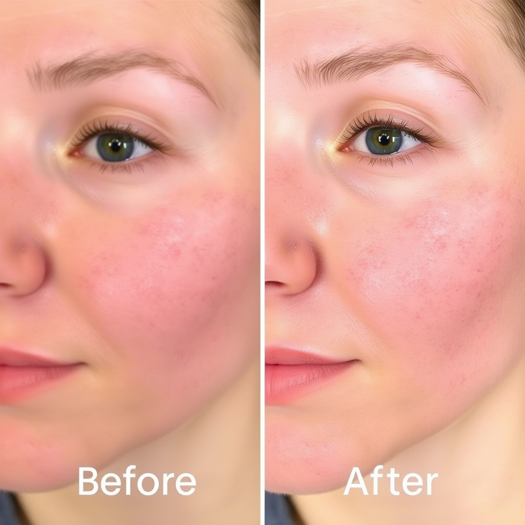 A before-and-after image of a person's face with reduced acne scars