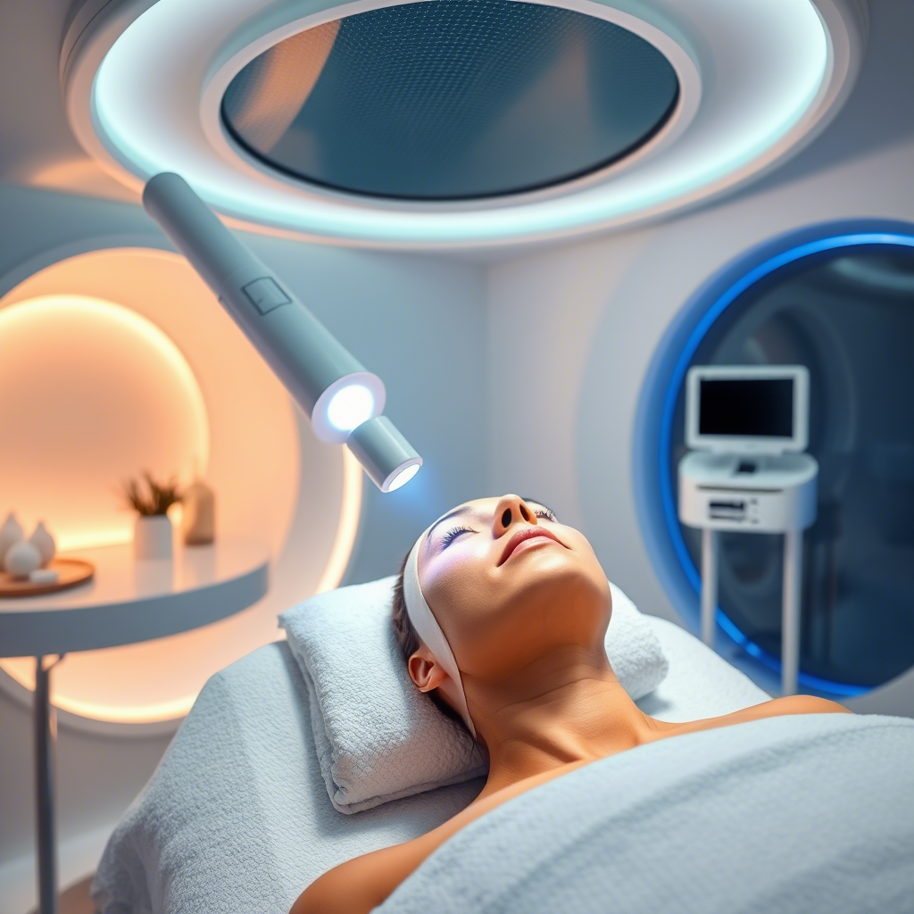 A futuristic spa room with a woman receiving laser skin rejuvenation treatment