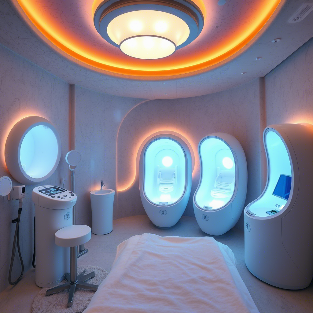 A futuristic spa room with anti-aging machines glowing softly