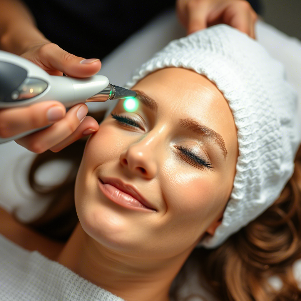 A woman receiving shockwave treatment on her face with a peaceful expression