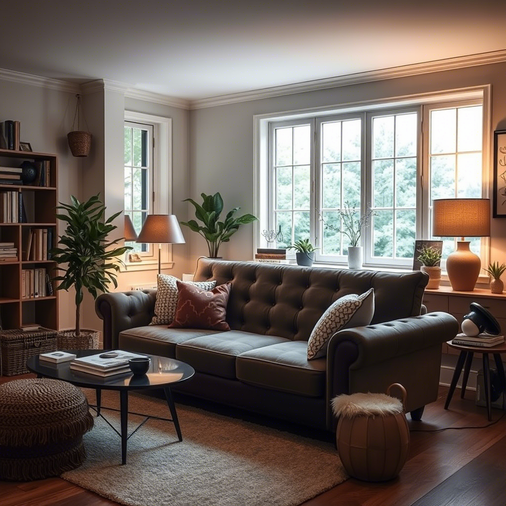 Angelfurn Foma sofa in a cozy home office with warm lighting ambiance