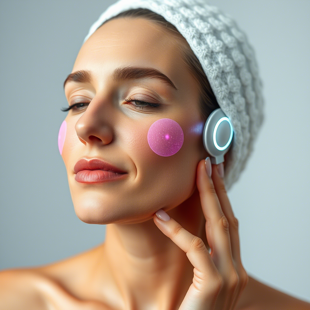 Anti-aging device emitting gentle pulses on a serene woman's face