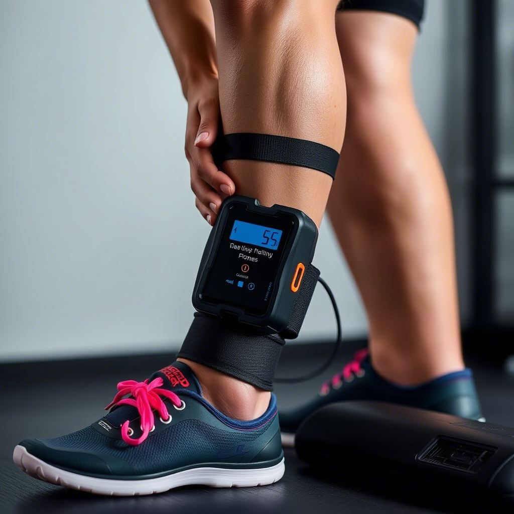 Athlete using EMS device on leg during recovery