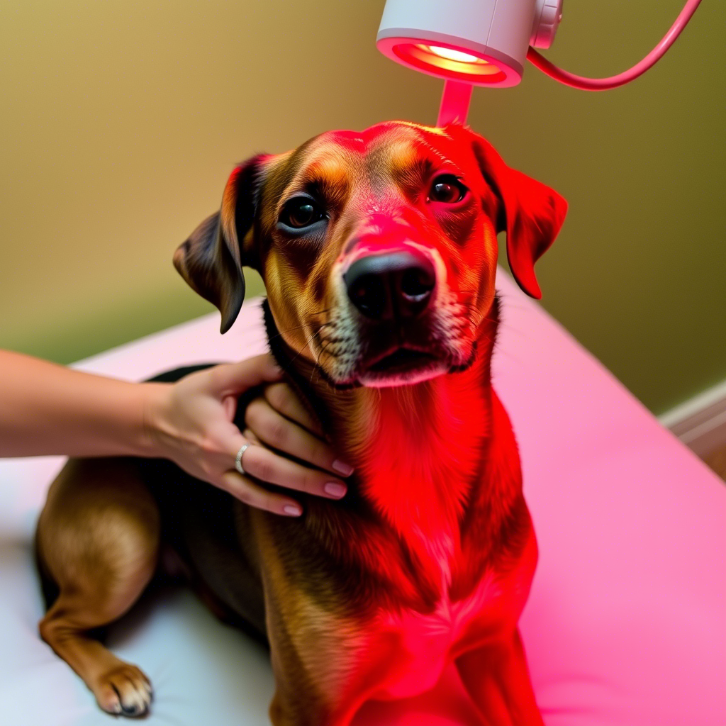 Canine patient receiving red light therapy for pain relief