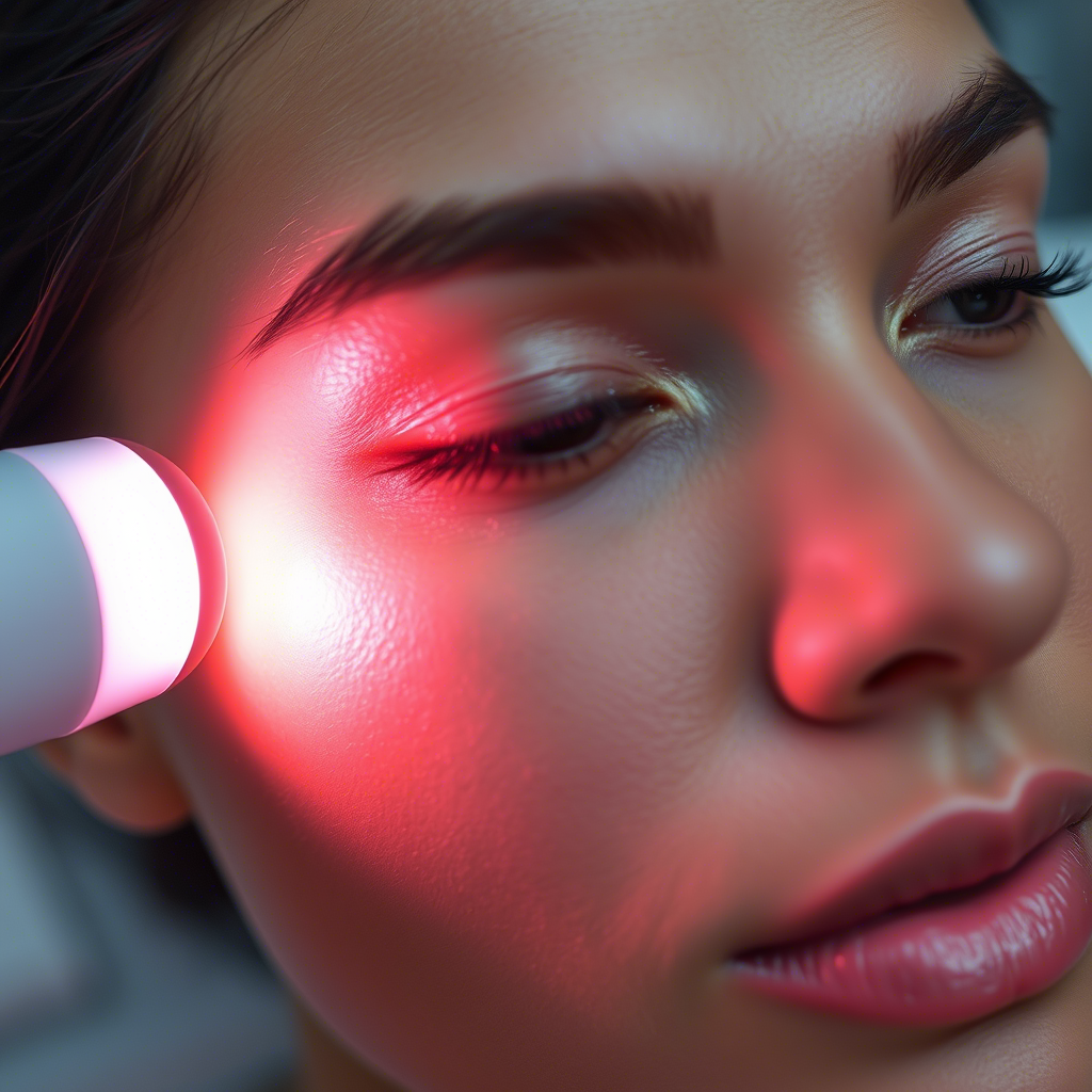 Close-up of a device emitting light to treat hyperpigmentation on skin