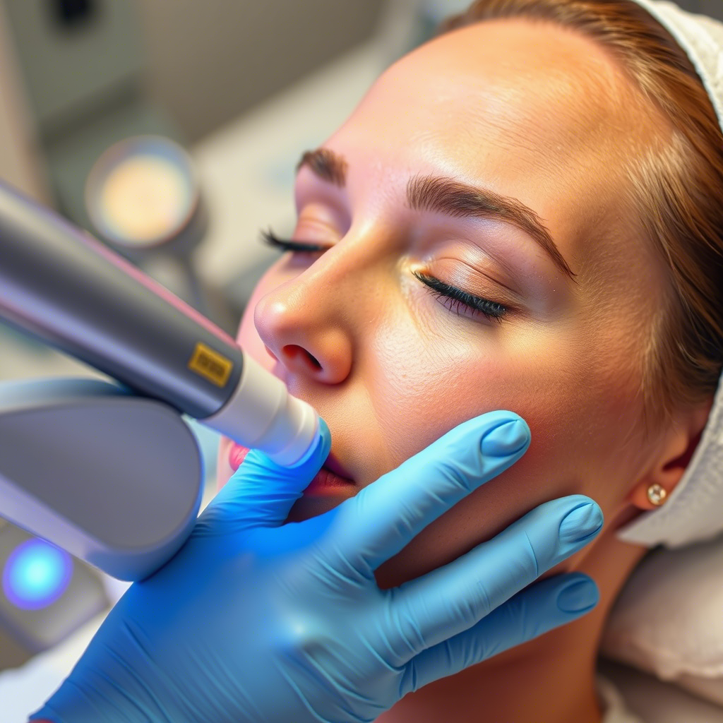 Close-up of a Thermage RF machine's applicator on a client's skin