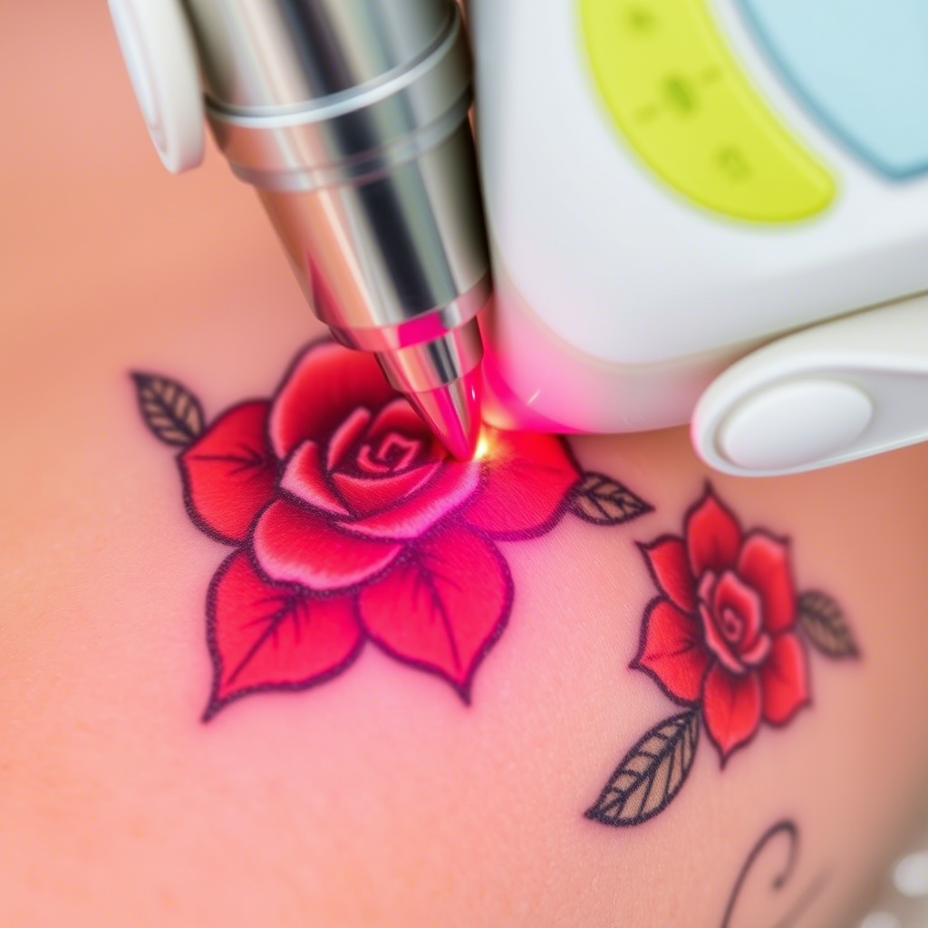 Close-up of laser device removing colorful tattoo from skin