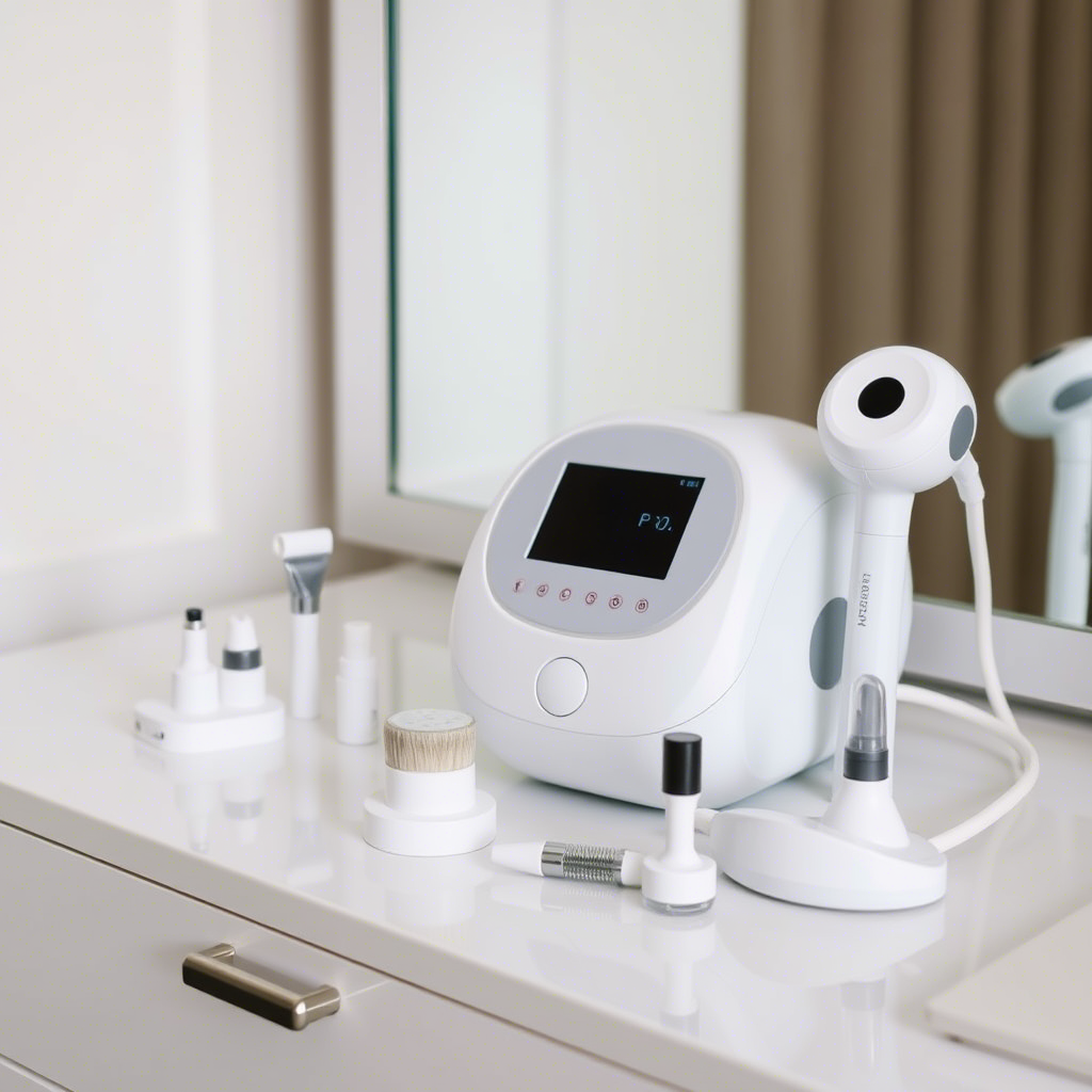 Compact skin care machine with various attachments on a vanity