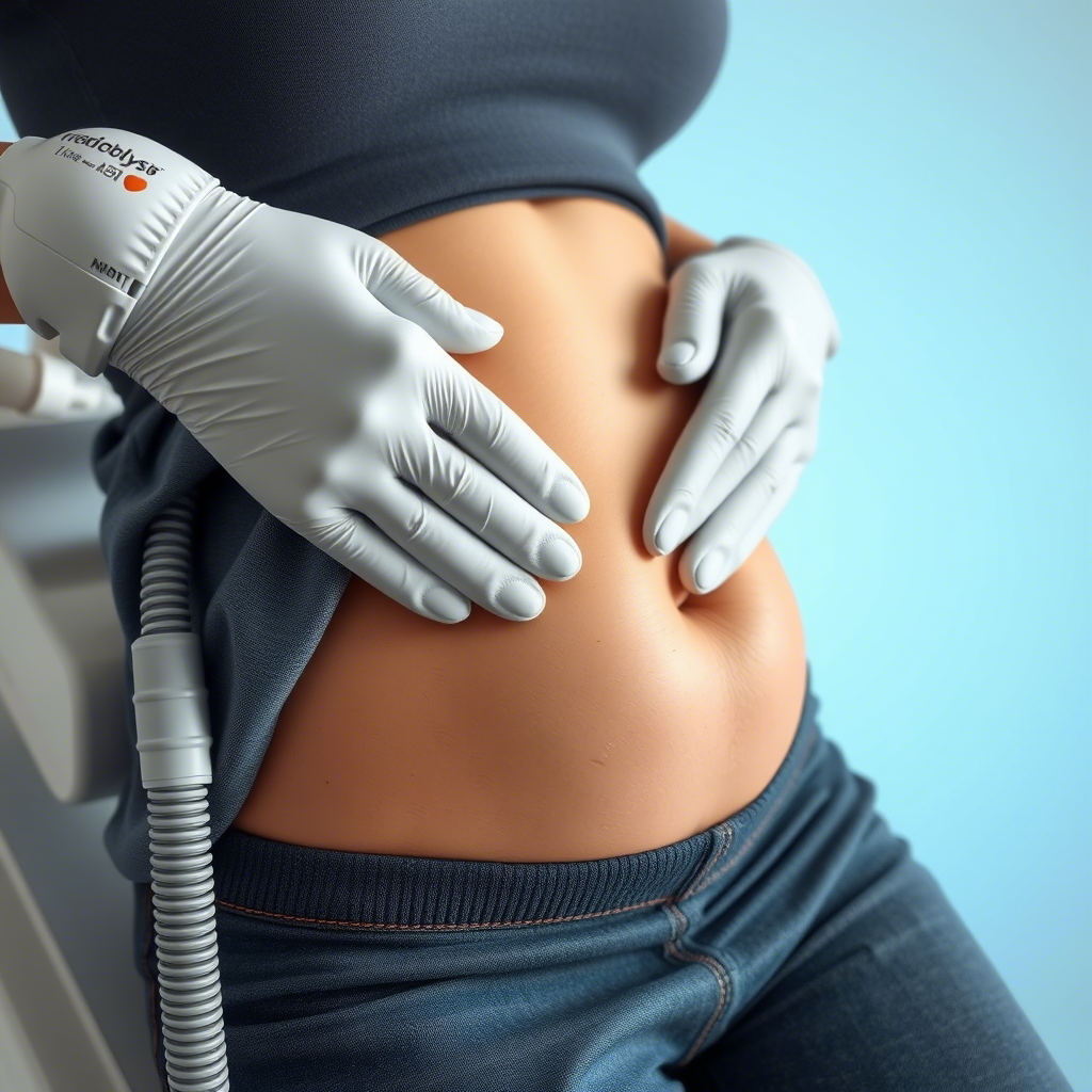 Cryolipolysis machine applied to a person's love handles for fat freezing