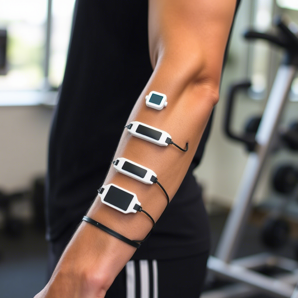 EMS electrodes on a person's arm with a fitness background