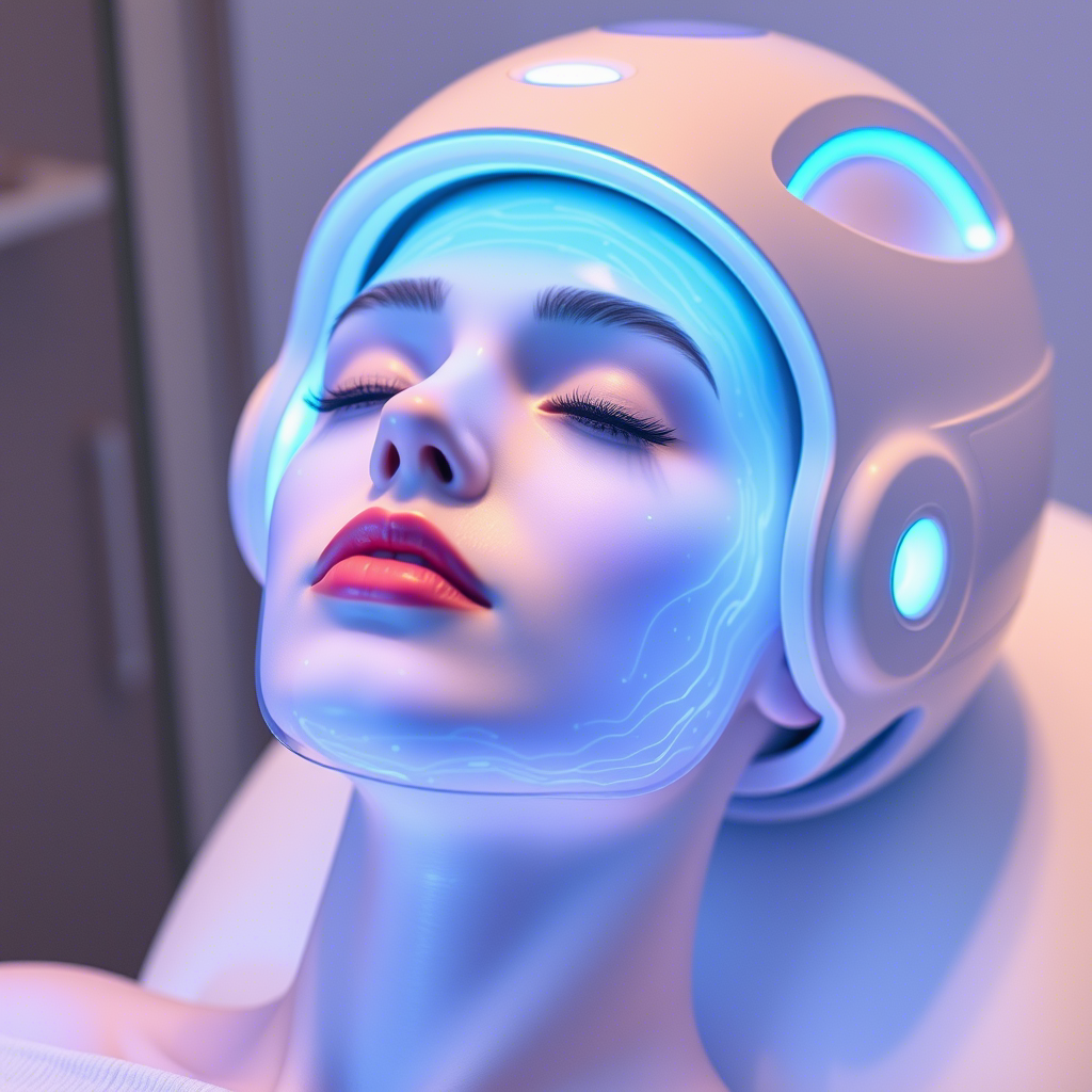Futuristic facial machine emitting light for acne and skin renewal