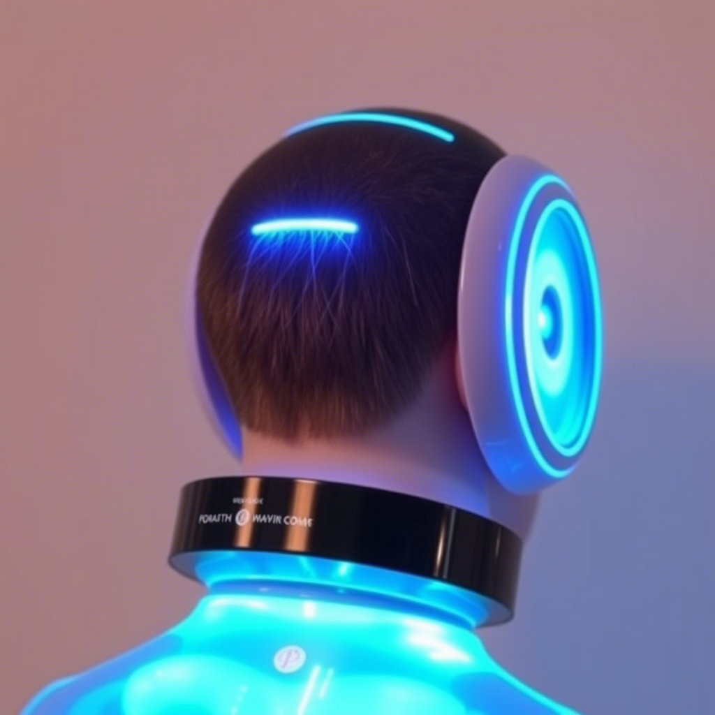 Futuristic hair growth stimulator with glowing blue follicle targets