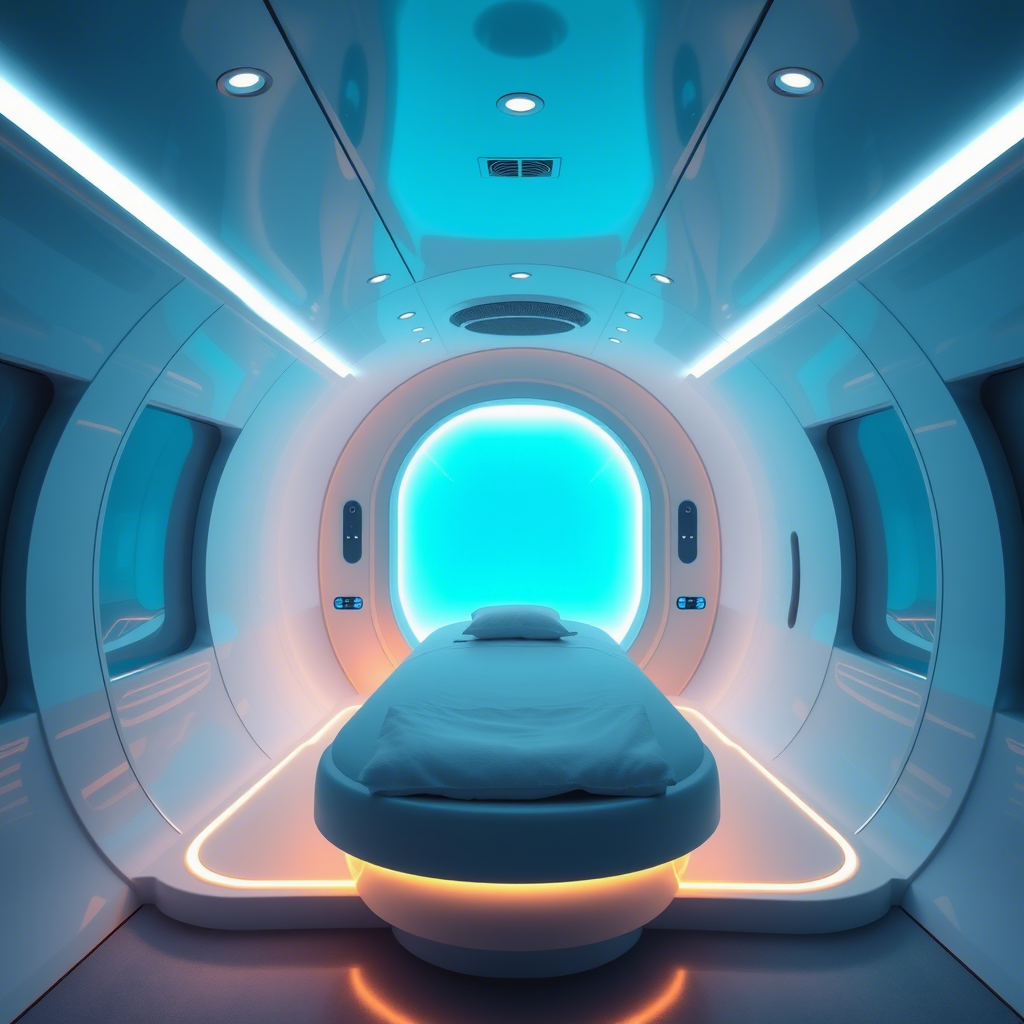 Futuristic hyperbaric chamber with a sleek and modern design for wellness treatments