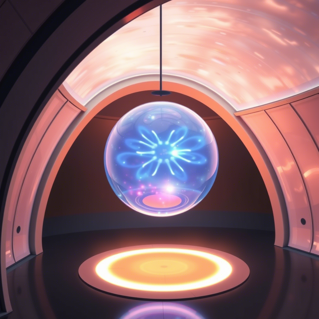 Glowing plasma sphere suspended in a futuristic chamber