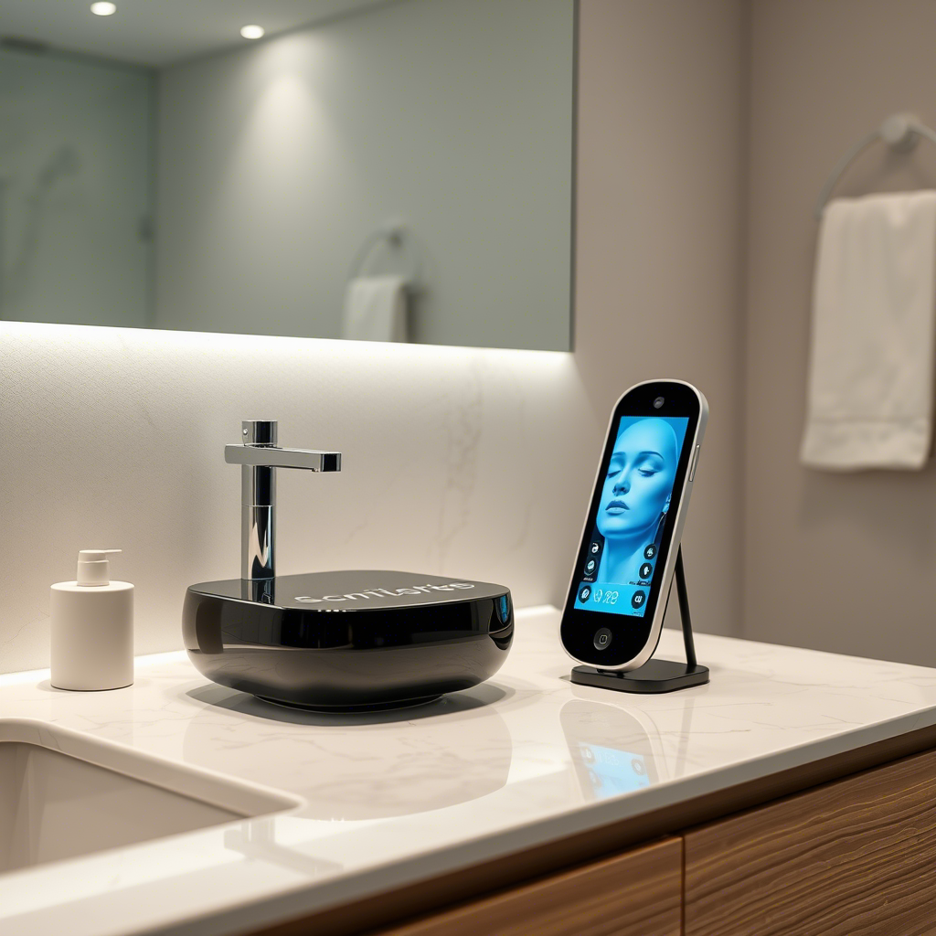 High-tech facial device on a sleek bathroom countertop