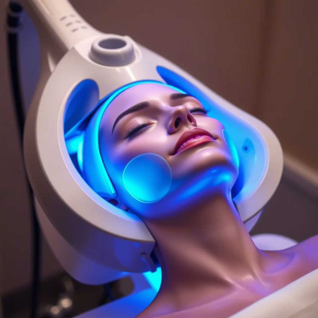 Hydra Facial machine glowing with blue light