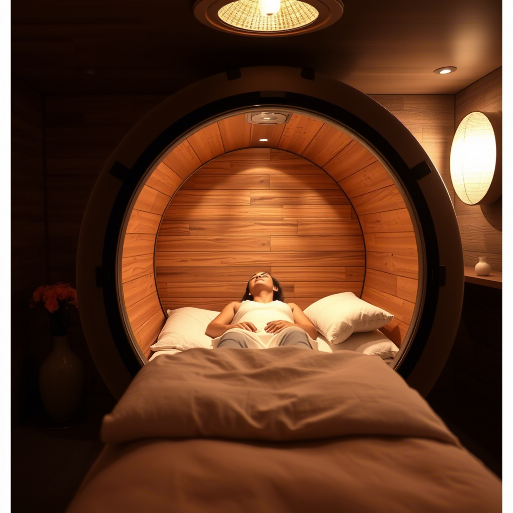 Hyperbaric chamber with a person relaxing inside surrounded by calming ambiance