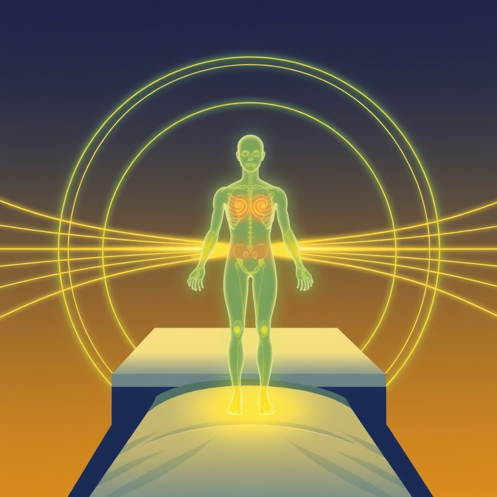 Illustration of magnetic field lines around a human body during therapy