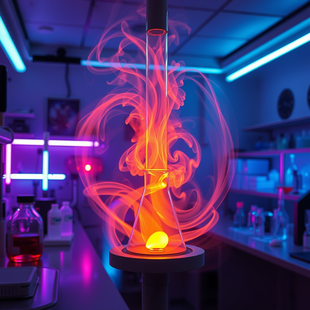 Ionized gas swirling in a neon-lit laboratory