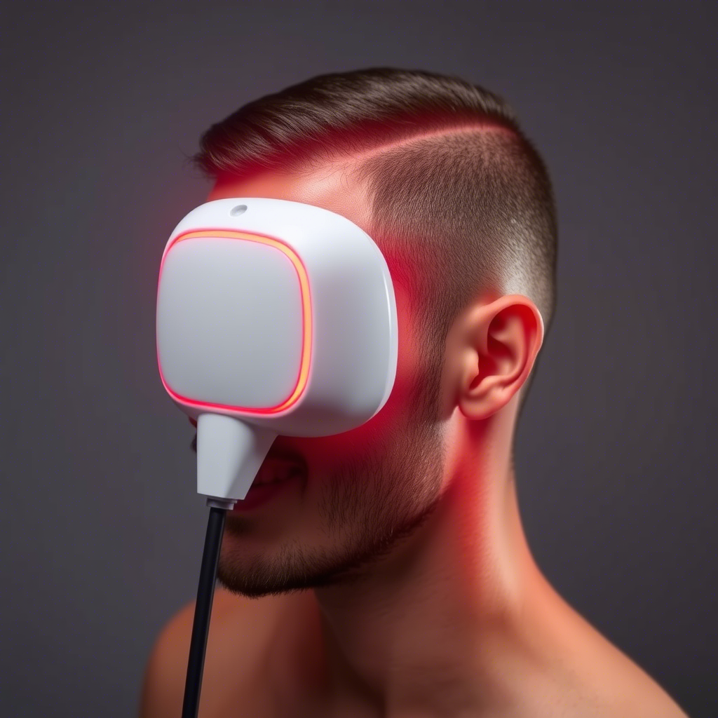 Laser hair growth device emitting red light on a scalp