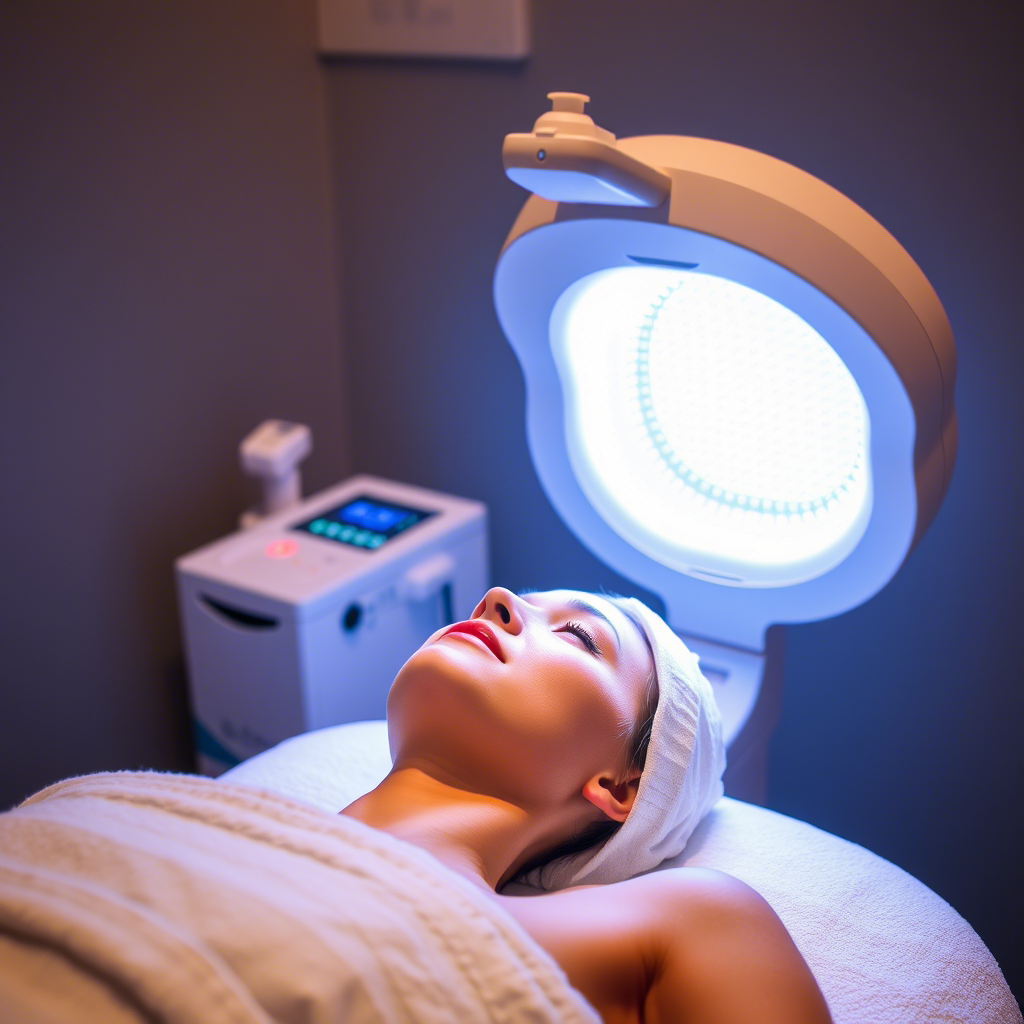 Laser skin rejuvenation machine glowing on a spa bed