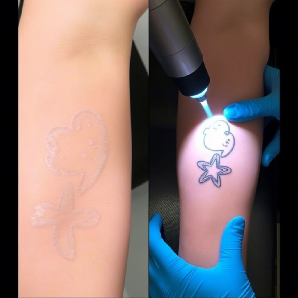 Laser tattoo removal process on a person's arm