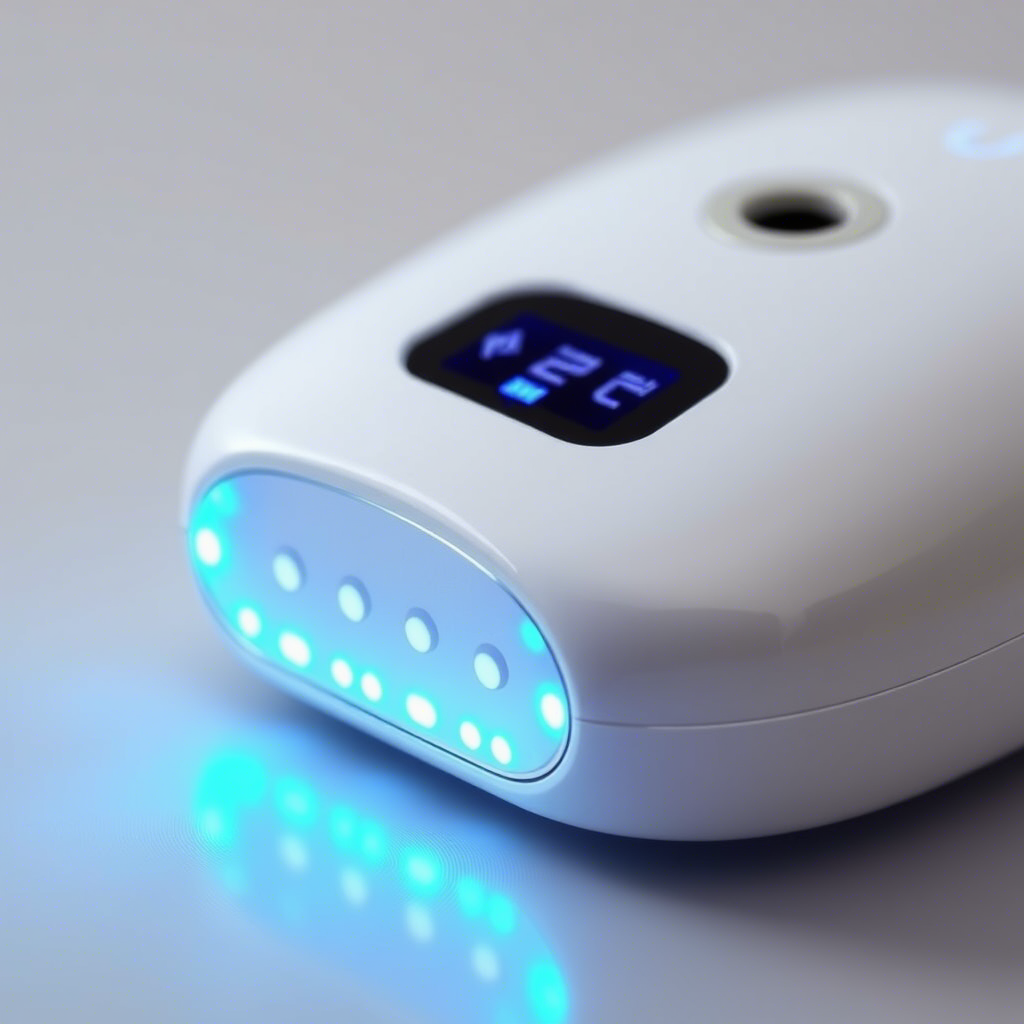 Micro needling RF device with glowing blue lights on a sleek surface