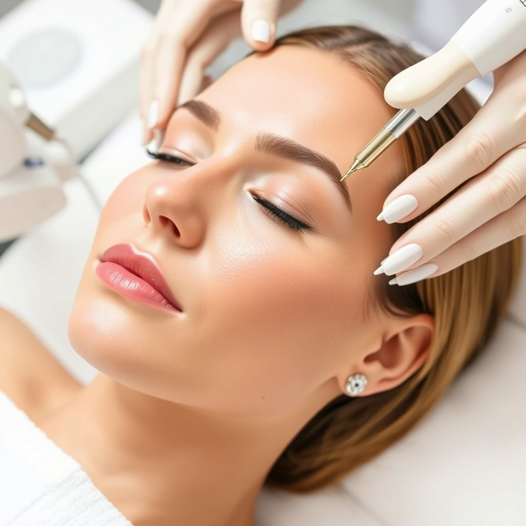 Microneedle RF machine rejuvenating facial skin with golden needles