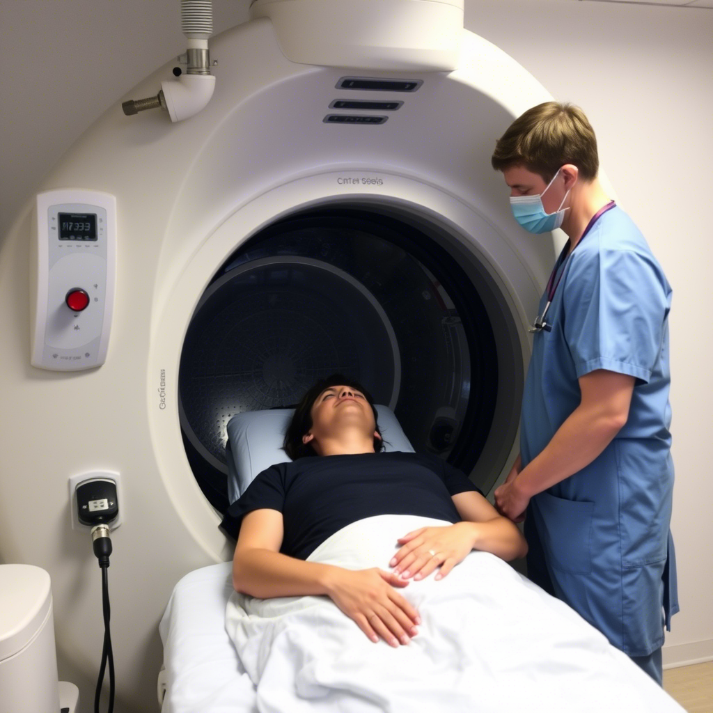 Person undergoing hyperbaric oxygen therapy with a medical professional nearby