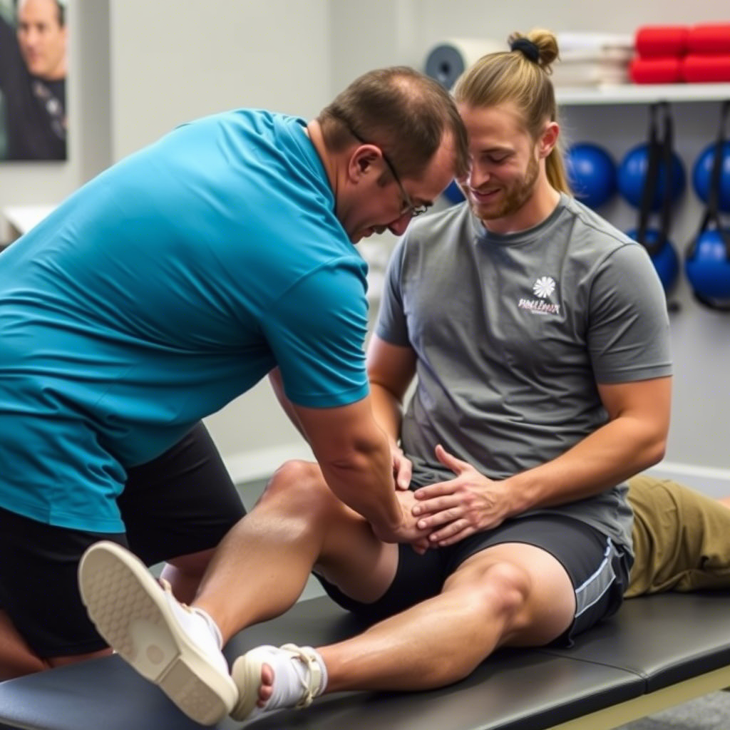 Physical therapist applying Tecar therapy to an athlete's knee