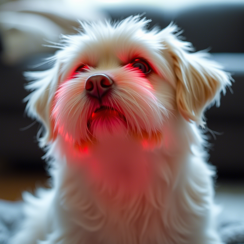 Red light therapy device emitting gentle glow on a pet's fur