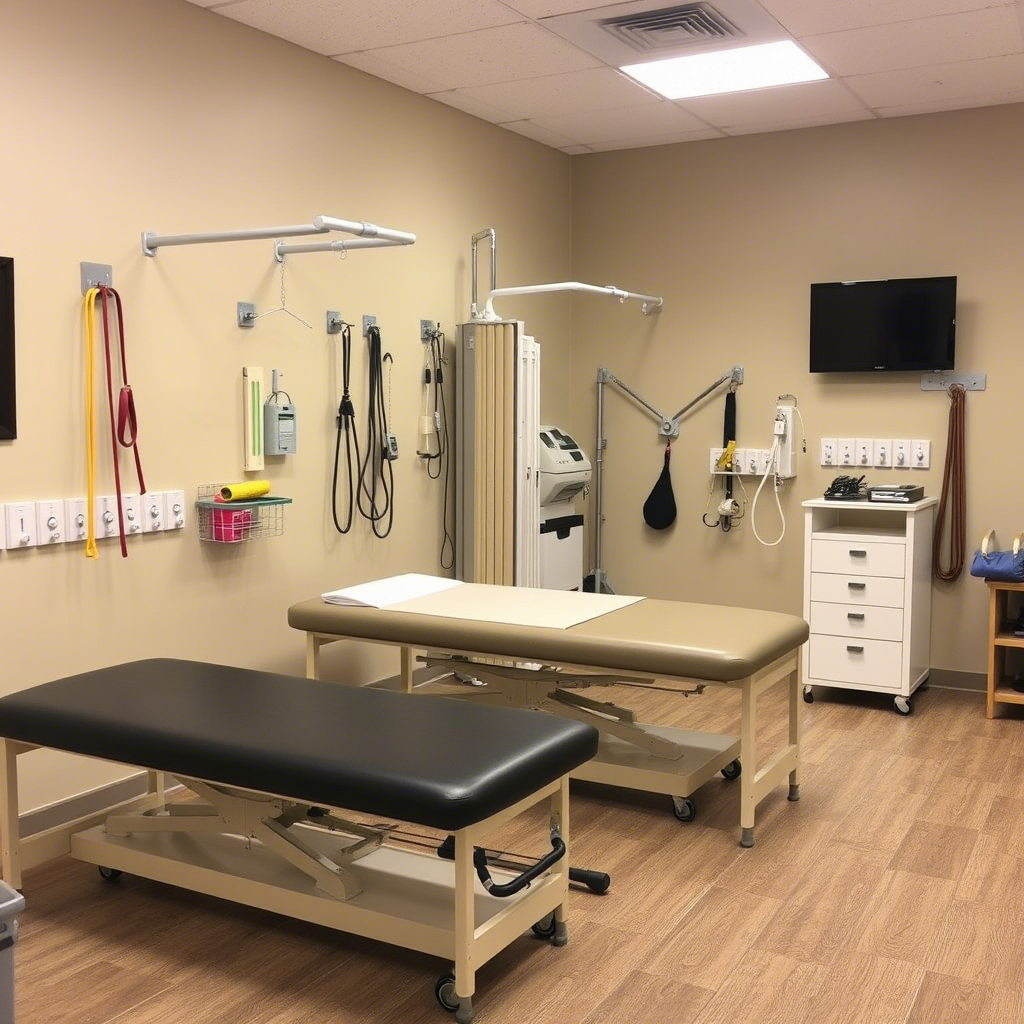 Rehabilitation center with various physical therapy equipment and tools
