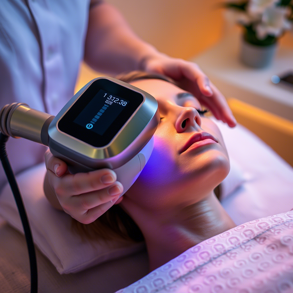 Shockwave device being used on a client's skin with a soft focus ambiance
