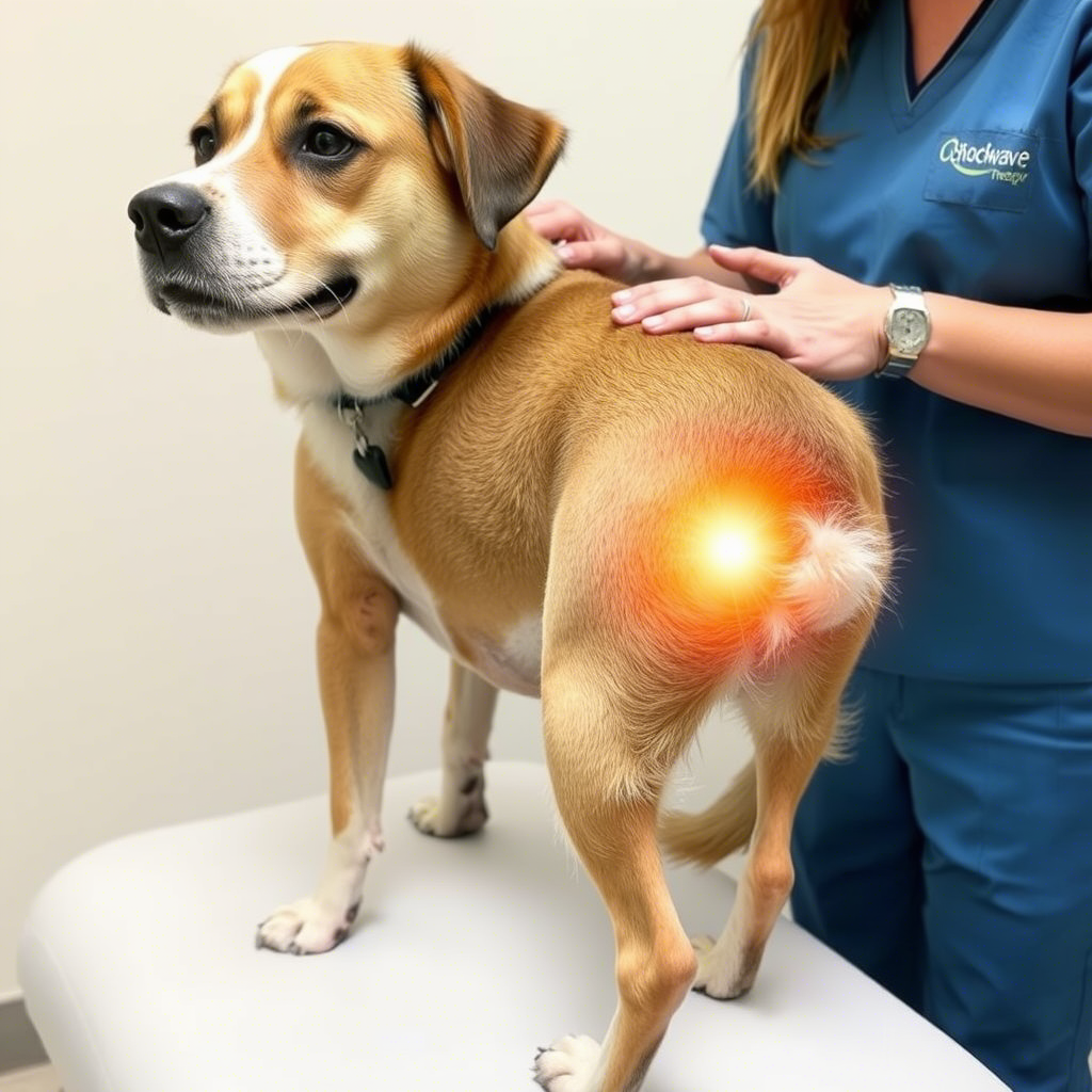 Shockwave therapy being administered to a dog's hip joint