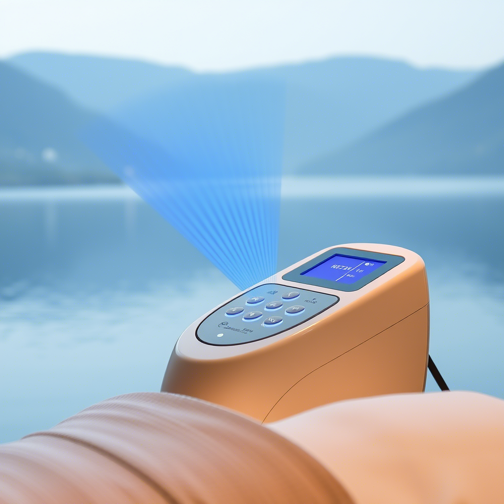 Shockwave therapy machine emitting gentle pulses on a serene spa background