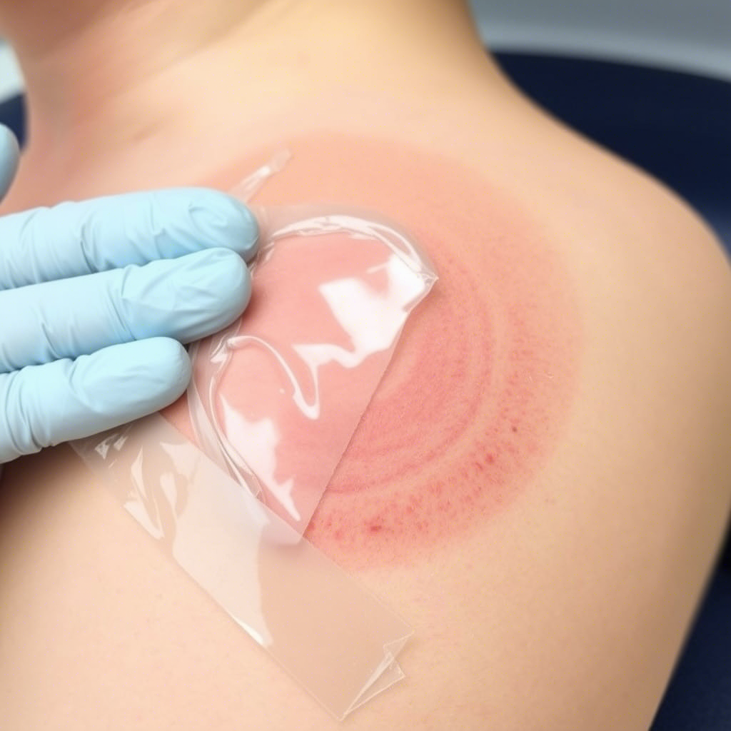 Silicone gel sheeting applied to a hypertrophic scar on skin