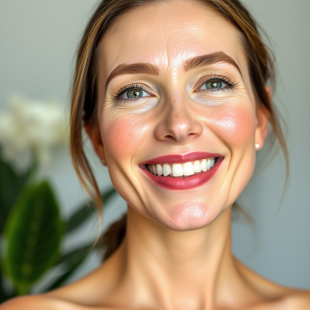 Smiling lady with glowing skin after non-surgical Hifu face lift