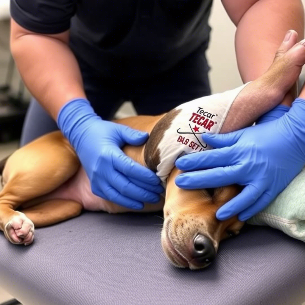 Tecar Therapy being applied to a dog's injured leg