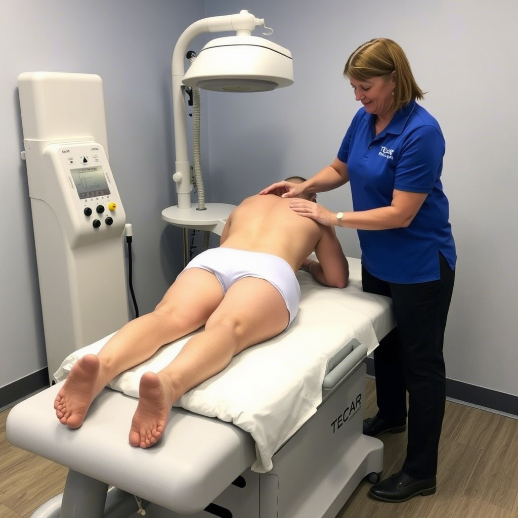 Tecar therapy machine being used on a patient's lower back