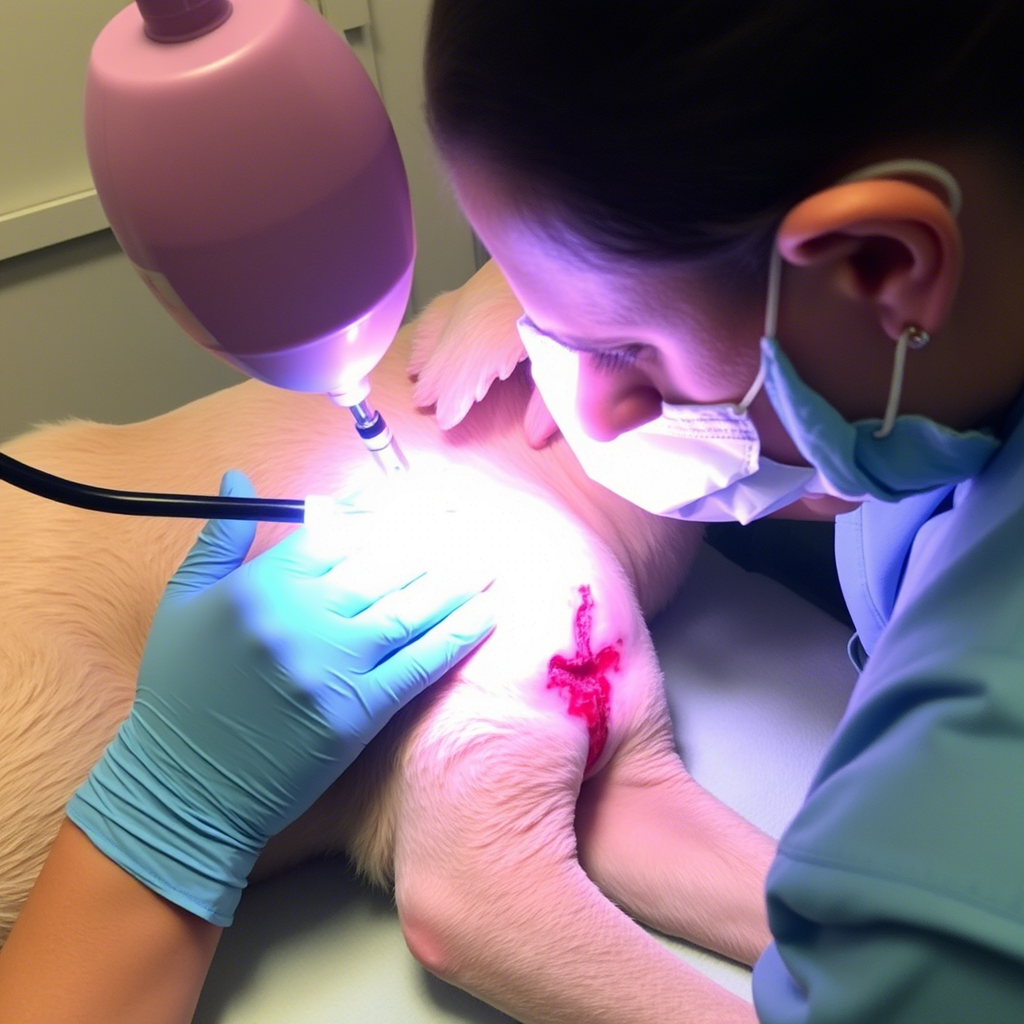 Therapist using VET light on injured animal's wound with care
