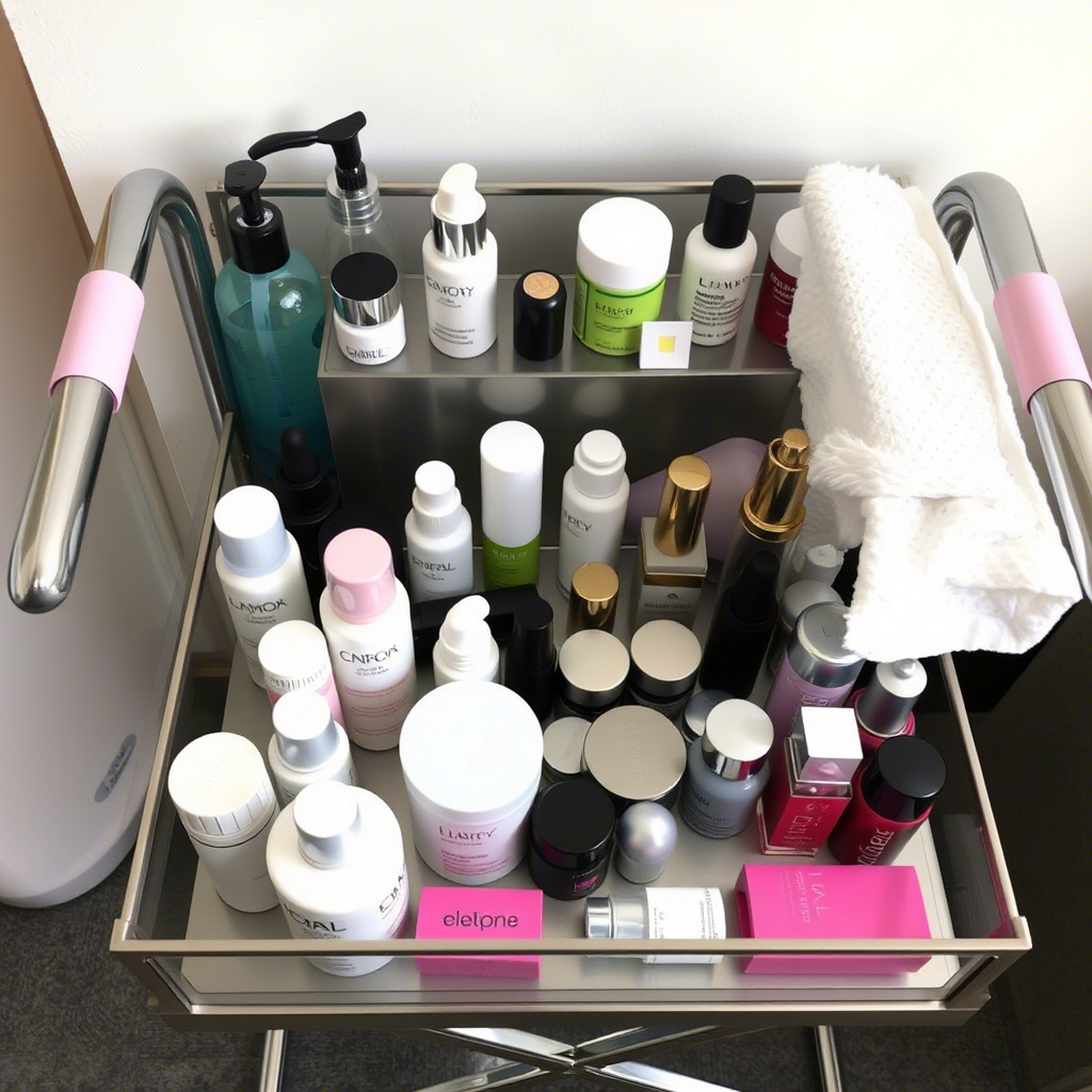 Therapy equipment and cosmetics organized on a sleek metal trolley