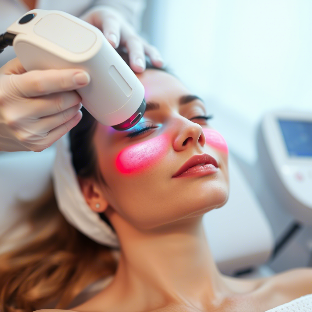 Thermage RF treatment on a woman's face with a sleek machine