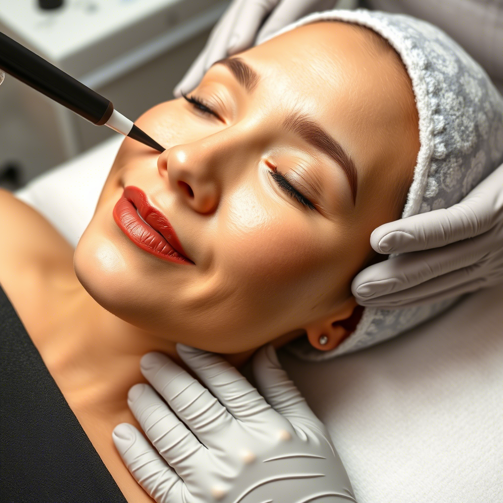 Woman receiving Hifu face lifting treatment with a serene expression