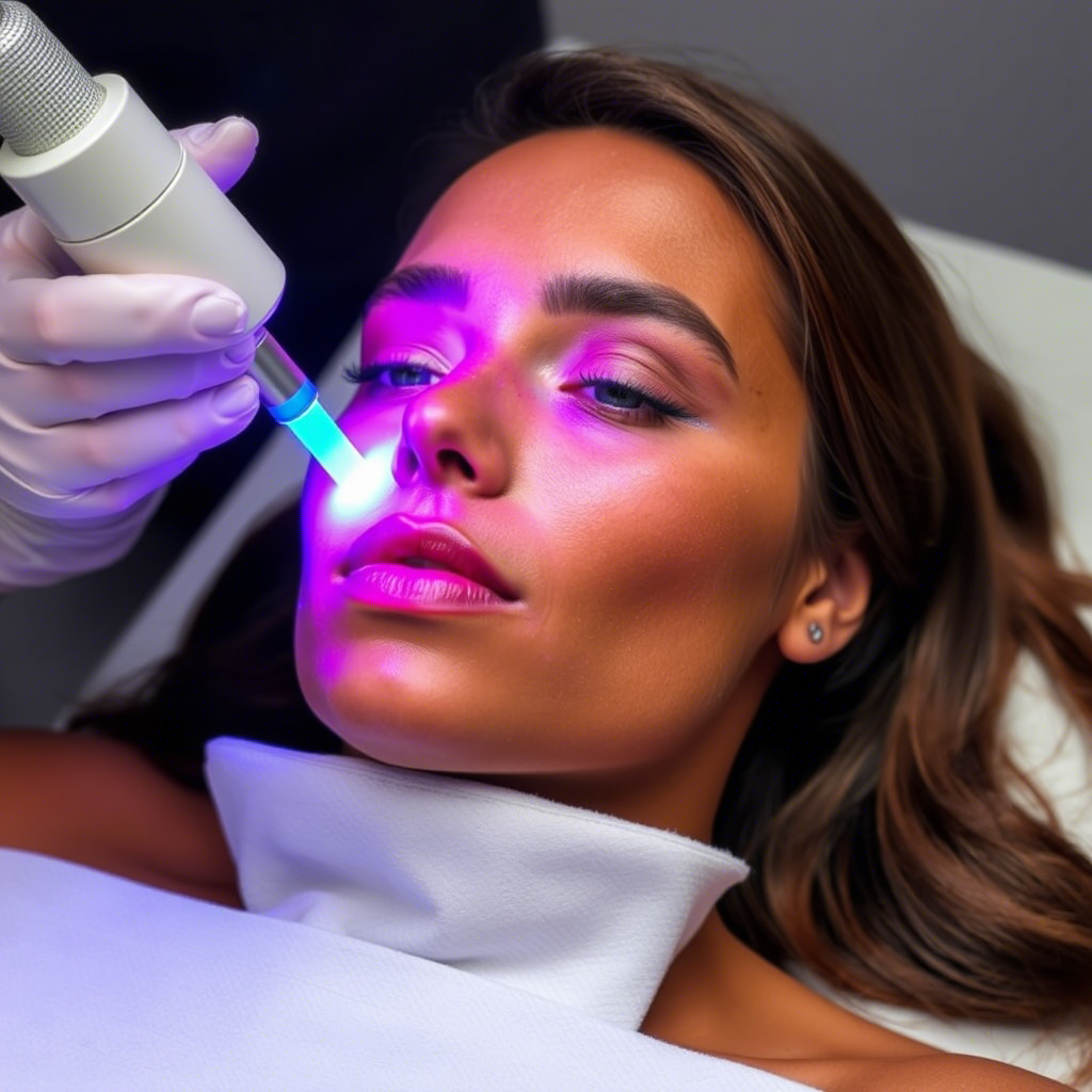 Woman receiving laser pigmentation removal on her face