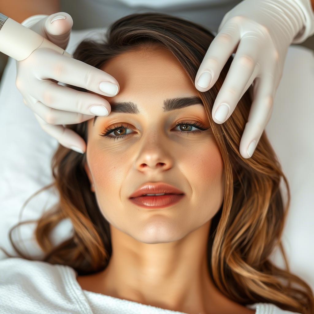 Woman receiving micro needling RF treatment on her face with a serene expression