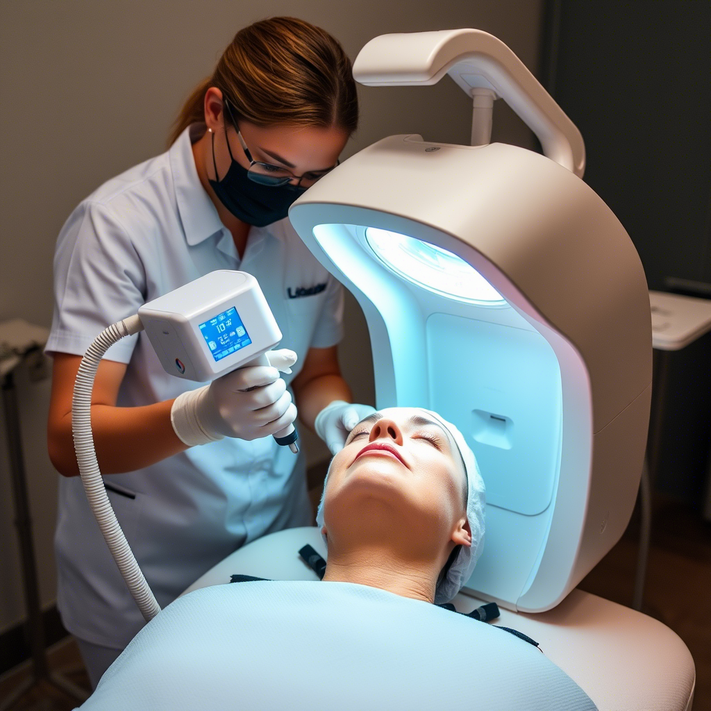 Woman undergoing Thermage RF treatment with a technician operating the device