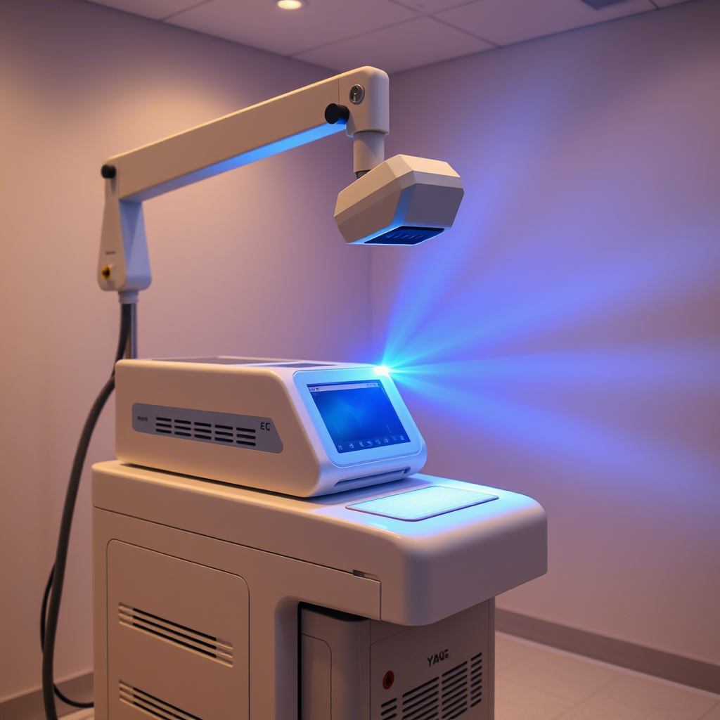 YAG Laser machine emitting bright light in a medical setting